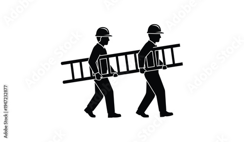 Two construction workers wearing hard hats walking together while carrying a long wooden ladder