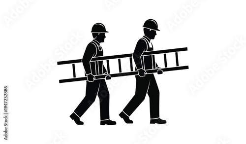 Two construction workers wearing safety helmets and carrying a long metal ladder together side by side