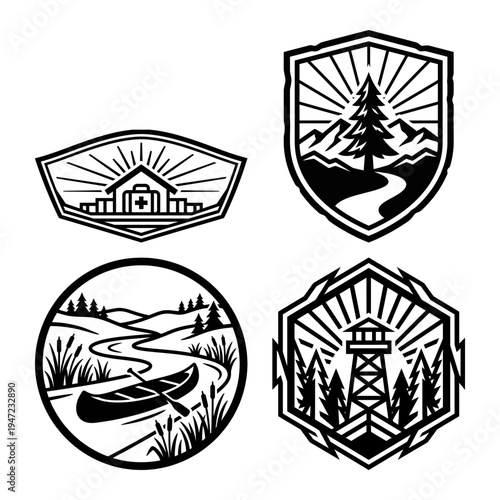 Wilderness rescue and nature badge icon bundle vector