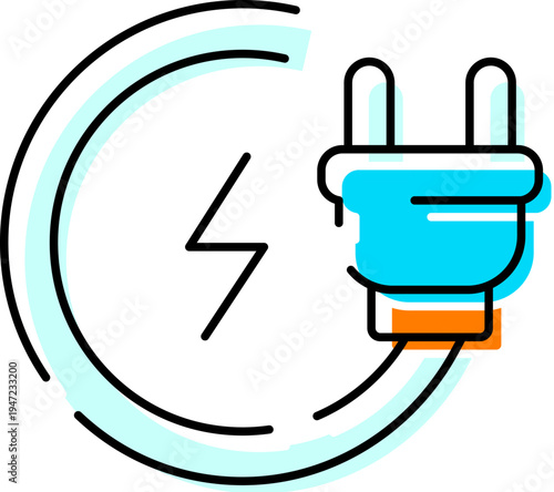 Electric plug with circular outline containing a lightning bolt power symbol, minimalist line icon representing charging, energy supply, electricity, connection and smart power systems