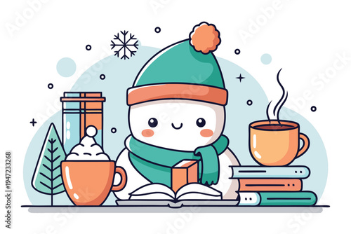 Cozy winter snowman character reading a book with festive holiday gifts and hot beverages