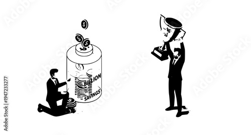 Isometric businessman saving money in jar and winning trophy investment success and financial growth concept isolated on white