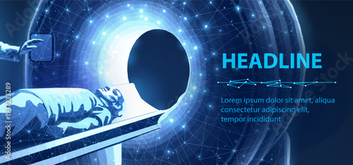 Glowing digital MRI scan of a patient being prepared for a scan. Medical technology, healthcare system, diagnostic imaging, patient care, hospital concept. Illustration