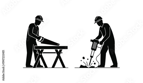 Black and white silhouette illustration of two construction workers performing manual labor tasks