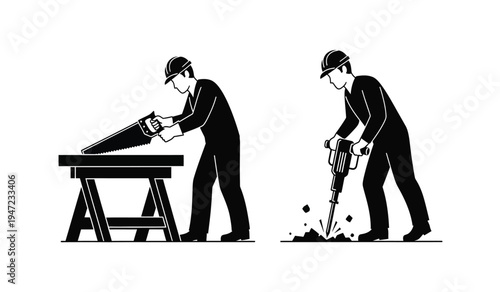 A black and white silhouette illustration showing manual labor tasks involving tools and equipment