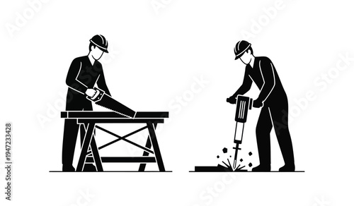Black silhouette icons showing a carpenter using a handsaw and a worker using a jackhammer tool