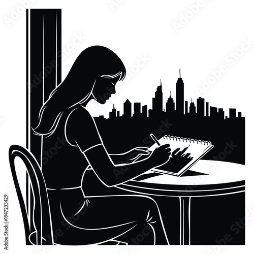 Woman drawing in sketchbook with cityscape background, city view silhouette