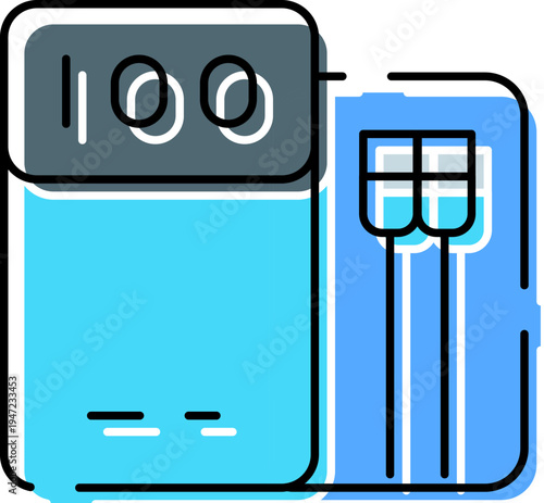Portable power bank displaying a full charge, connected to a smart phone by two charging cables, depicting modern electronics and mobile energy solutions