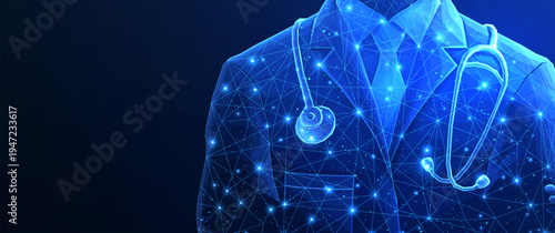 Digital doctor figure with glowing stethoscope. Healthcare, medical professional, digital health, medical technology, healthcare innovation, virtual doctor concept. Illustration