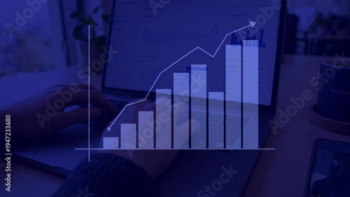 Digital Marketing Analytics Growth Animation Over Laptop Workspace