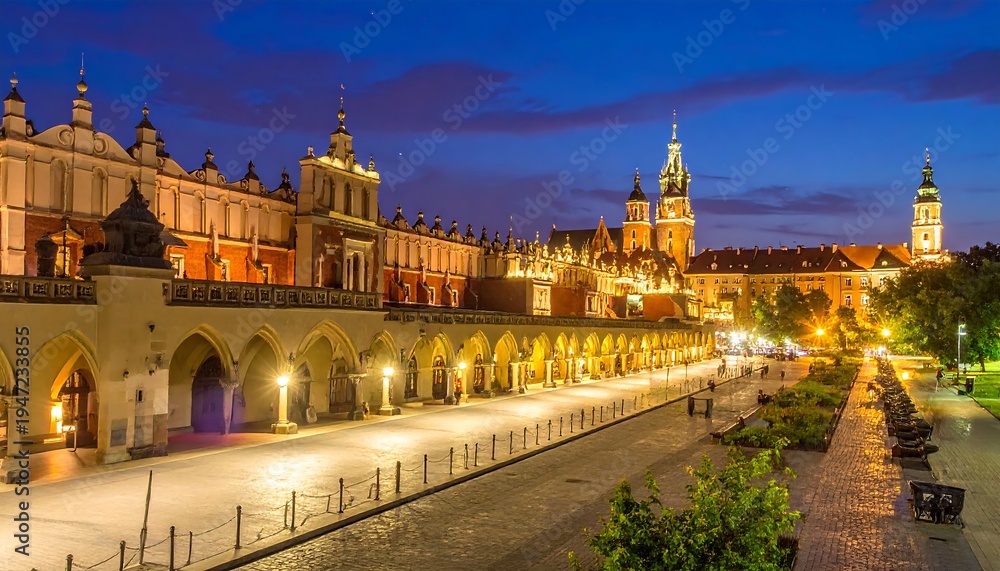 Fototapeta premium Illuminated European architecture at night with a square