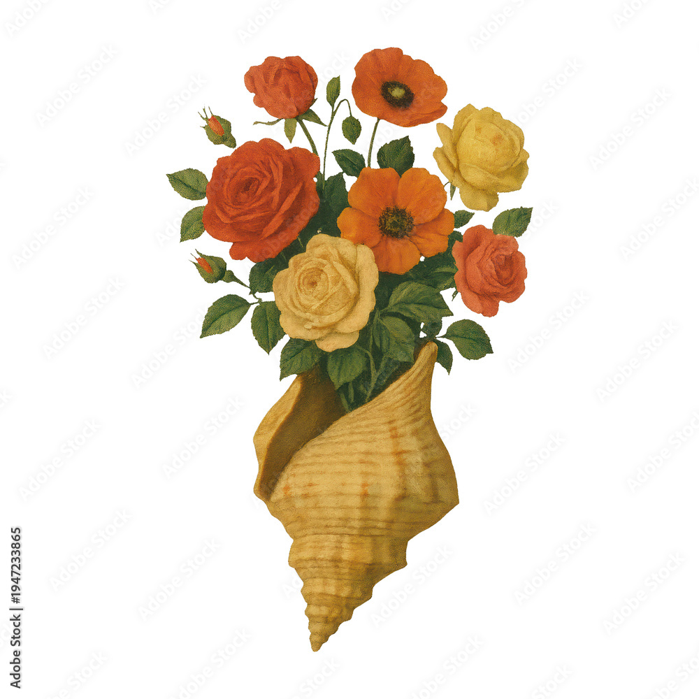 Fototapeta premium PNG Seashell vase with vibrant flowers.