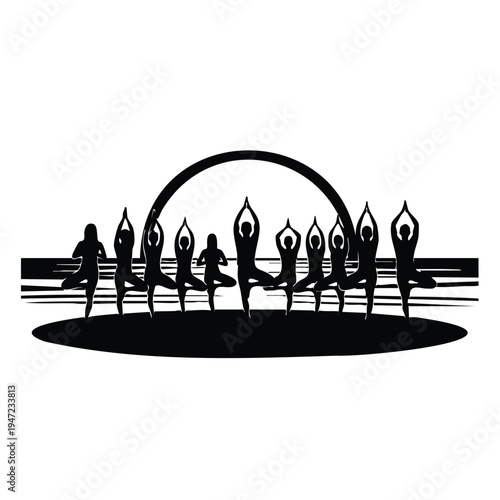 Yoga class silhouette performing tree pose outdoors on mat