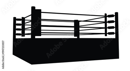 A black silhouette of a professional boxing or wrestling ring with ropes