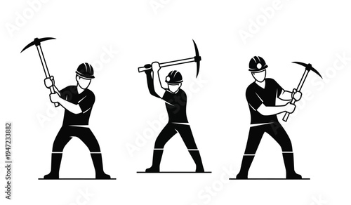 Black and white silhouette illustration of a coal miner using a pickaxe in three different poses