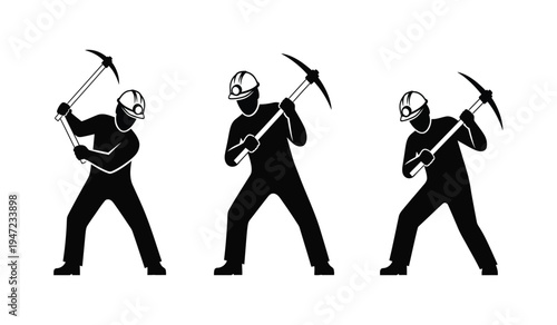 Three black silhouettes of a miner wearing a hard hat and swinging a pickaxe in different poses