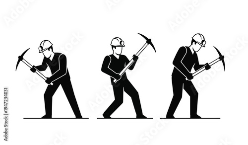A sequence of three pixel art style miners holding pickaxes in different poses of manual labor