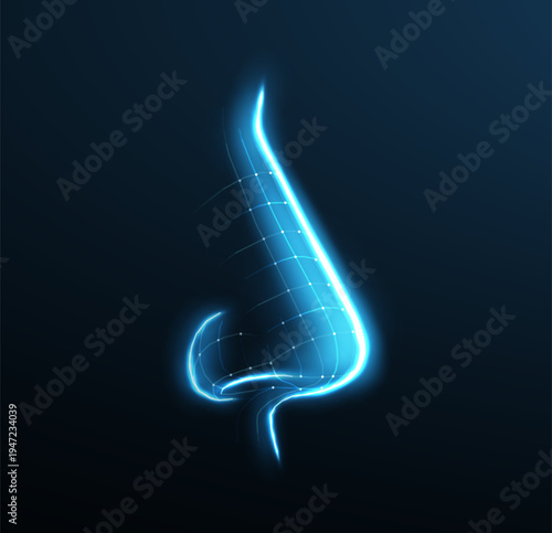 Glowing digital representation of a nose in wireframe style. Sense of smell, human anatomy, digital health, biometric, nose structure, virtual design concept. Illustration