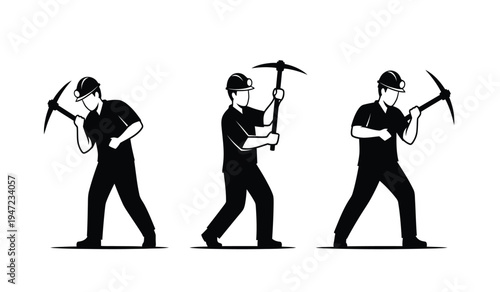 Black and white illustration showing three different poses of a miner working with a hand pickaxe