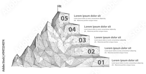 Digital representation of a 3D mountain with numbered steps showing business growth, success ladder, data-driven achievements, business progress concept. Illustration