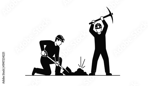 Black and white illustration of two miners working together with a shovel and a pickaxe tool
