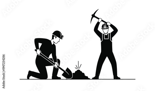 Black and white silhouette illustration showing two coal miners working with a shovel and a pickaxe