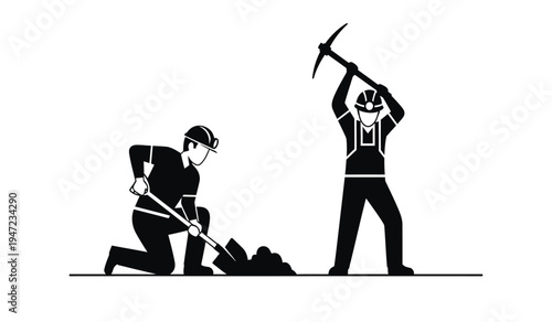 Black and white silhouette illustration of two workers digging and breaking ground with tools
