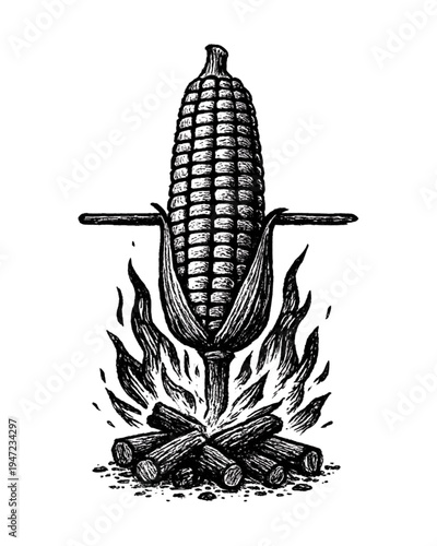 Milho Assado na Fogueira em Estilo Xilogravura de Cordel Rústico