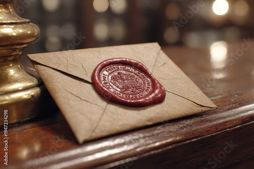 Close-up of a vintage envelope sealed with a wax stamp, resting on a wooden desk, creating an atmosphere of mystery and timeless elegance.
