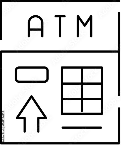 Clean black line illustration of an atm interface with keypad, card slot, and directional arrow, symbolizing digital banking, cash withdrawal, and modern financial transactions