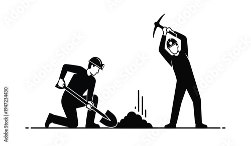 A silhouette illustration of two workers digging and breaking ground using a shovel and a pickaxe