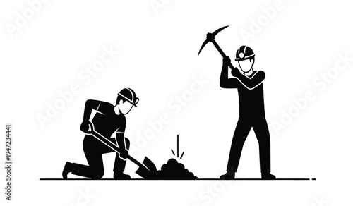 Two coal miners working together with a pickaxe and a shovel to extract ore in a dark mine shaft