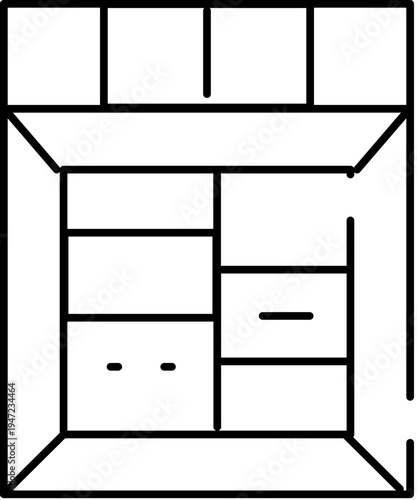 Wardrobe closet blueprint icon displaying different storage compartments, shelves, and drawers, representing furniture organization and interior design planning