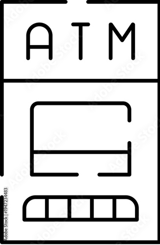 Automated teller machine line art icon presenting banking services and cash withdrawal, card insertion, and pin entry for convenient financial operations