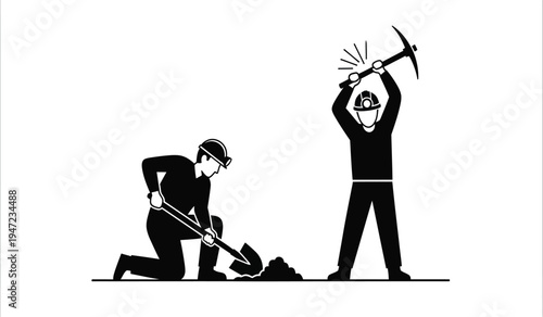 Black and white illustration of two coal miners working with a pickaxe and a shovel in a mine