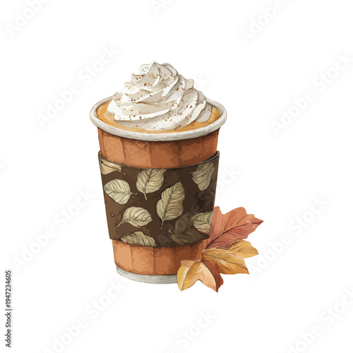 Watercolor vector illustration of iced latte served cold with cream on top and served in a cup with a summer flower and spring motif, white background
