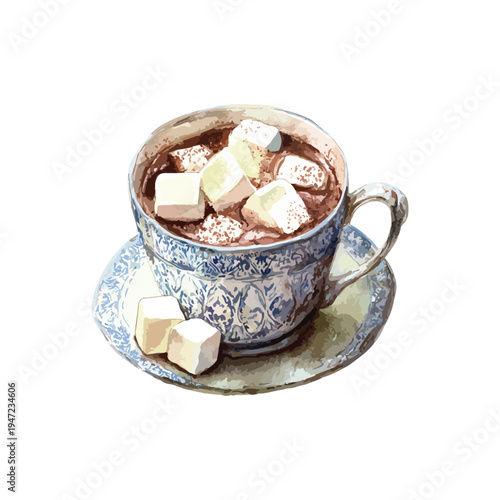 Watercolor vector illustration of a cup of hot chocolate with marshmallows on top, served in a blue cup, white background