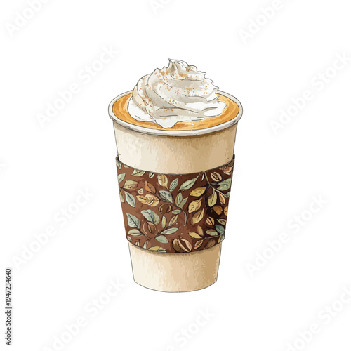 Watercolor vector illustration of iced latte in a cup with a summer motif and cream on top, white background