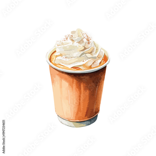 Watercolor vector illustration of iced cappuccino with cream on top, served in a small cup, white background