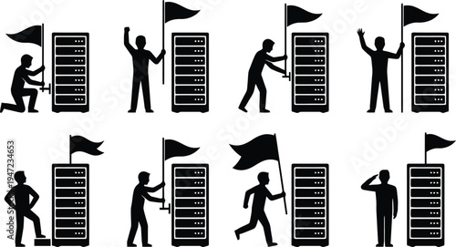 Silhouettes of people interacting with server racks, planting flags to signify progress or achievement in technology.