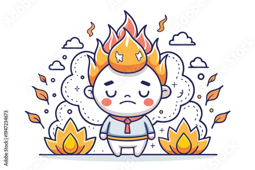 Sad cartoon boy character with small flames symbolizing mental stress and emotional difficulty