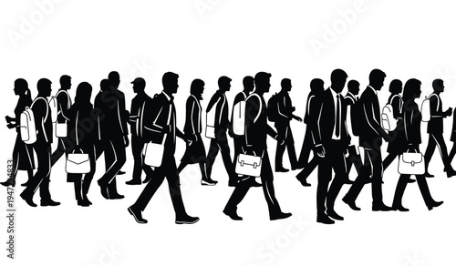 A crowd of professional business people walking together in a busy city center during the daytime