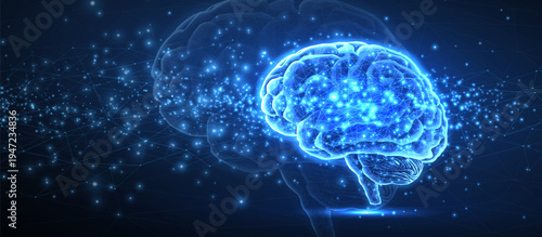 Glowing artificial brain with particle effect on dark blue background. AI intelligence, neural network, machine learning, big data, futuristic computing, modern science concept. Illustration