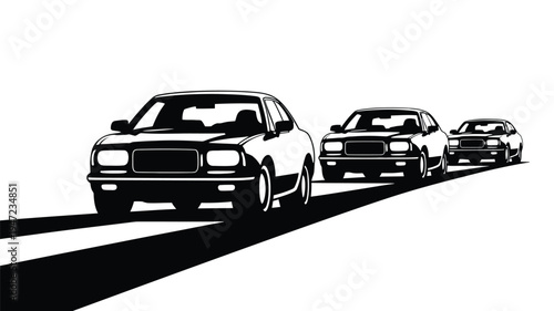 Line of three classic cars driving on road, showing movement and speed in monochrome style