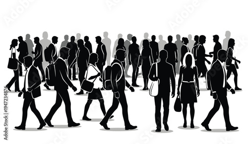 A dense crowd of people walking together in a busy city environment captured as black silhouettes