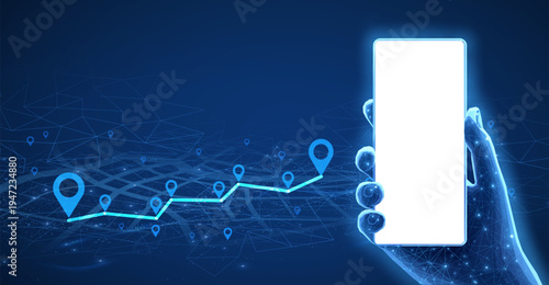 Hand holding smartphone with glowing route map and location pins. Mobile navigation, GPS tracking, delivery app, digital interface, smart transport, connection tech concept. Illustration