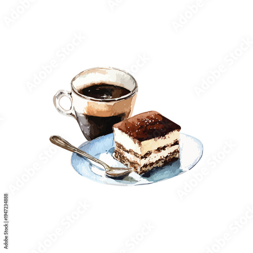 Watercolor vector illustration of a cup of iced espresso with tiramisu cake on the side, white background