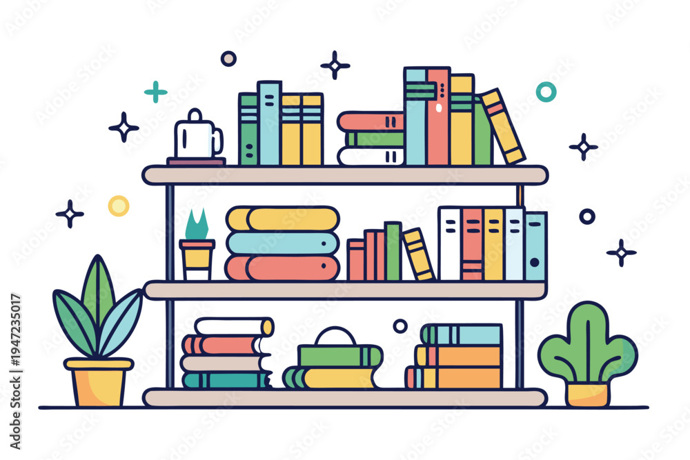 Fototapeta premium Organized Study Bookshelf with Colorful Books and Potted Houseplants for Academic and Learning Themes