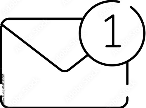 Outline email envelope graphic featuring a circular badge with the number one, signifying a new incoming message or unread correspondence in a digital inbox