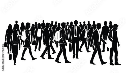 A large crowd of professional people walking together in a dense group during a busy workday